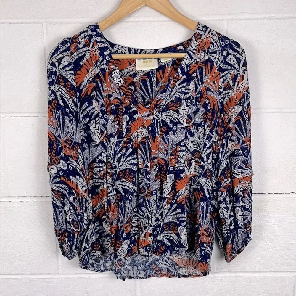 Anthropologie Maeve Cathy pleated v-neck jungle bird print blouse